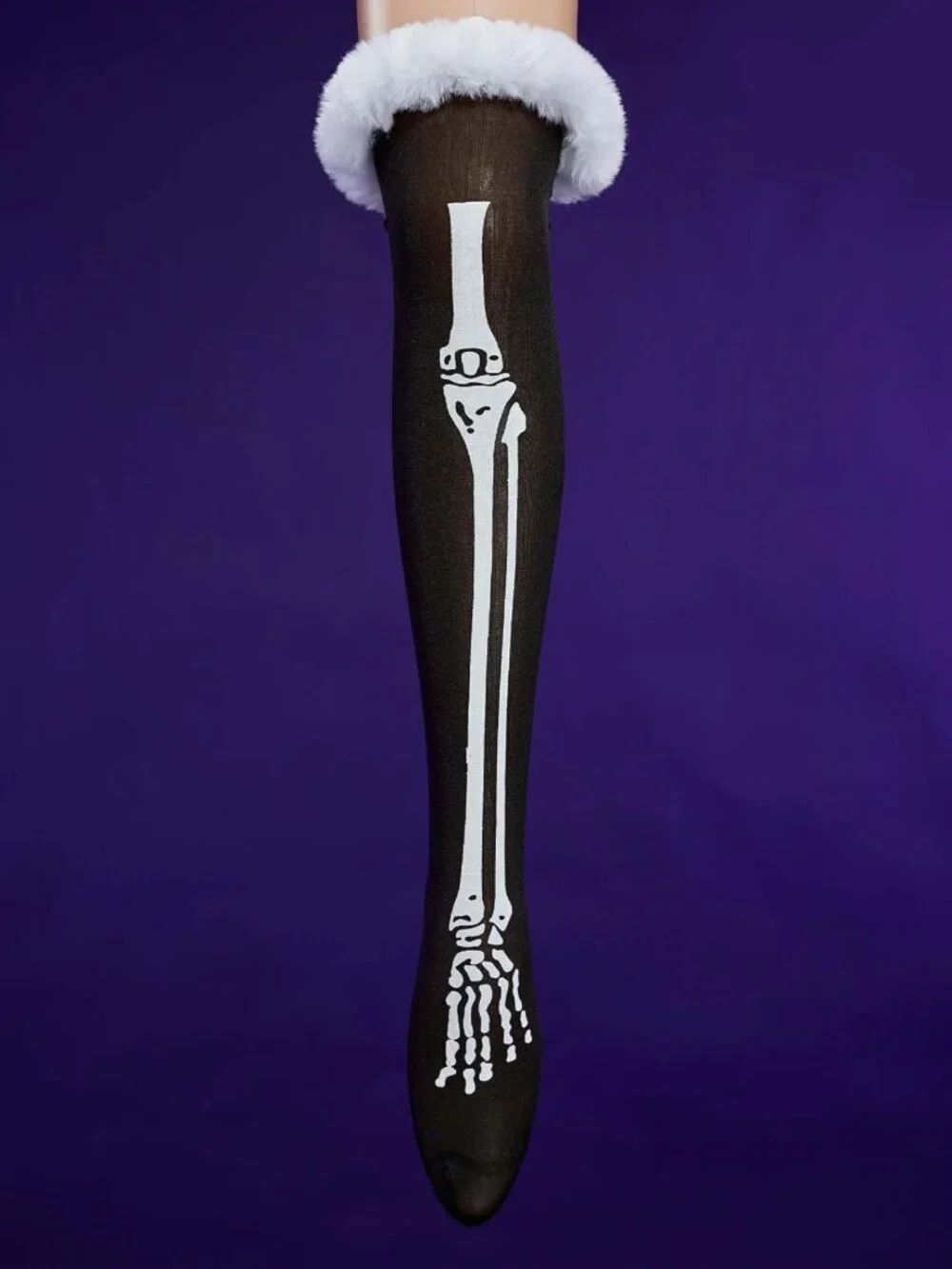 Gothic Hooded Bodysuit with Skull Pattern, Furry Tail & Socks - Halloween